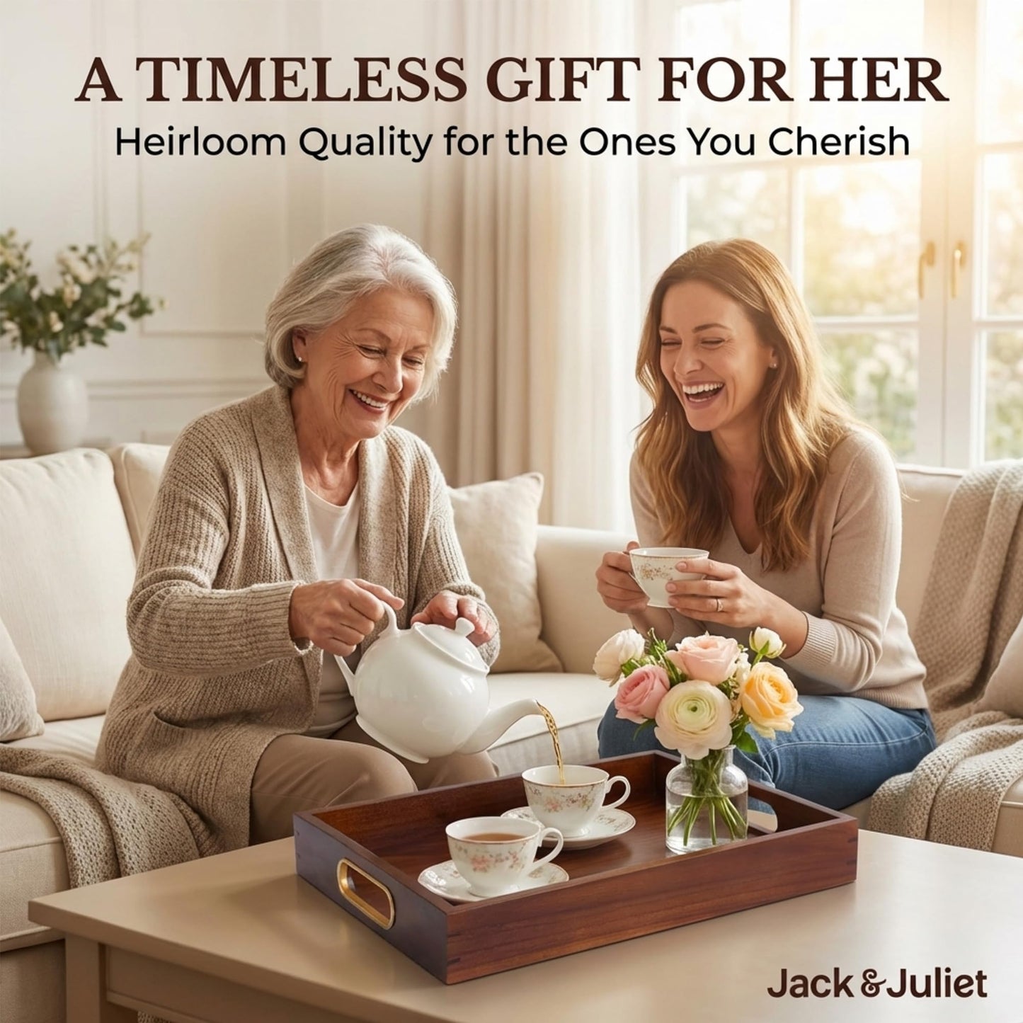 Jack & Juliet Teak Wood Ottoman Tray – Large Wooden Multifunctional Tray with Real Brass Handles - Non Slip Base in Food-Safe Finish - Gift-Ready Packaging for Coffee Table and Home Decor (Walnut)