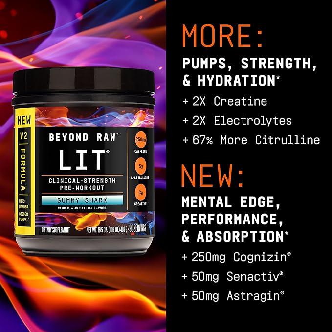 BEYOND RAW LIT V2 Clinical Strength Pre Workout Powder, Hits Harder, Bigger Pumps, Caffeine, L-Citrulline, Creatine, Gummy Shark, 30 Servings