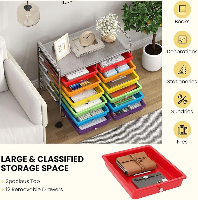 Giantex 12 Drawers Rolling Cart, Mobile Storage Drawer Cart, Classroom Organizer Cart for Office School Supplies Tools Scrapbook Paper Craft Small Printer, Utility Cart on Wheels, Multicolor