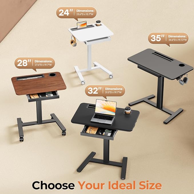 Mobile Standing Desk with Drawer, 32" Rolling Desk with Cup Holder and Hooks, Portable Laptop Cart on Wheels, Height Adjustable Workstation with Storage for Home Office, Black