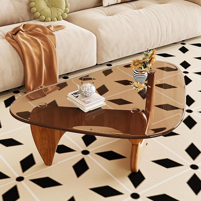 Coffee Table for Living Room Mid Century Modern Center Table with Glass Top and Wood, 32 Inch, Brown/Walnut