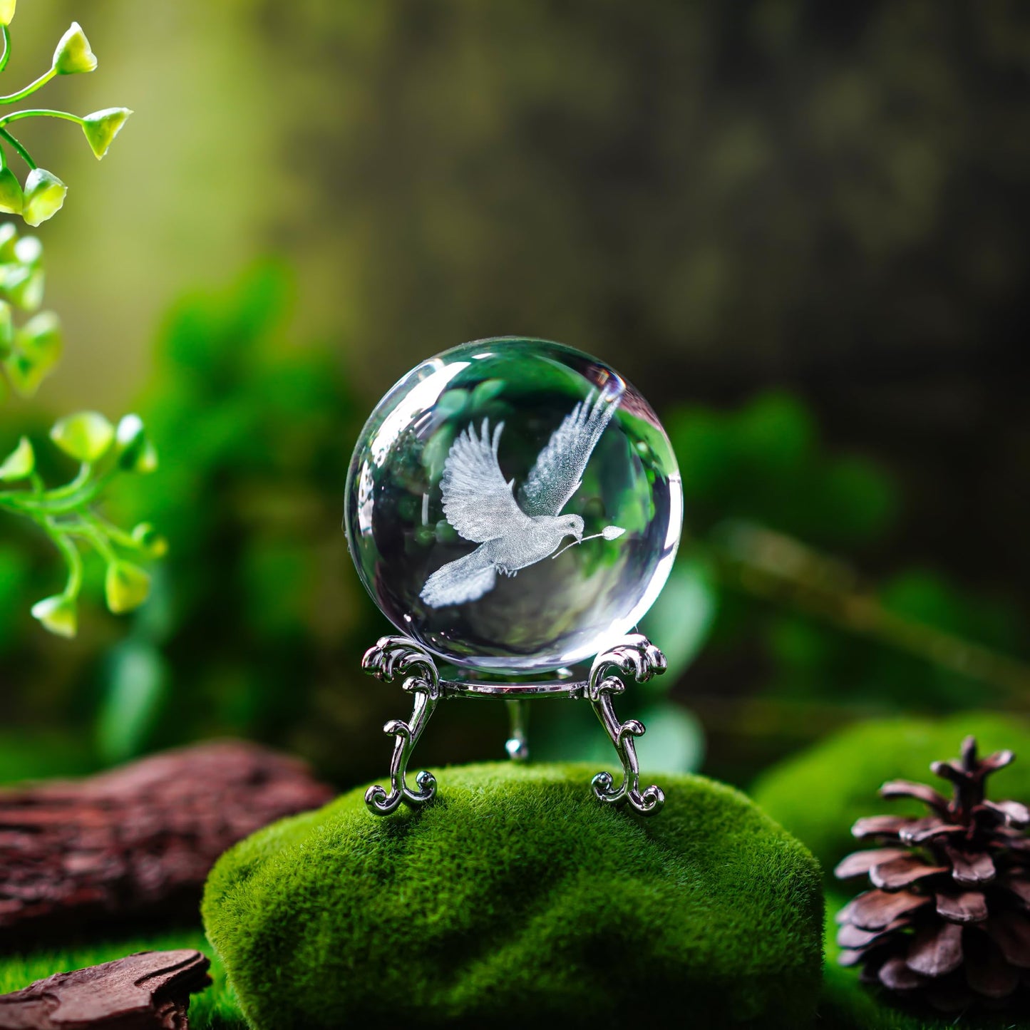 ZEERSHEE 60mm 3D Peace Dove Crystal Ball Figurine with Stand Glass Pigeon Ornament Decor for Home Table