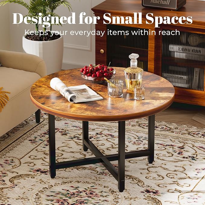 FAMIDGE Round Coffee Table, Small Coffee Tables for Living Room, Wood Coffee Table with Metal Frame, Floor Table Desk for Sitting on The Floor, Home, Office, Farmhouse, Rustic Brown (23.6"D x 17.7"H)