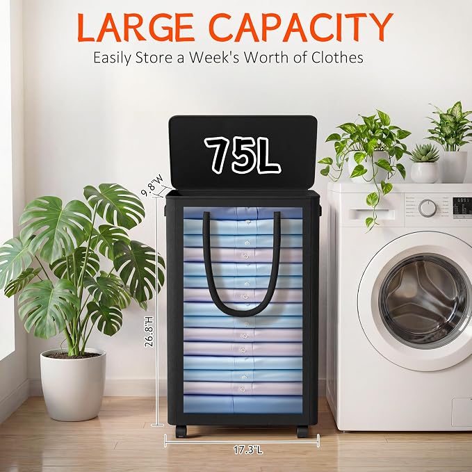 Slim Laundry Hamper with Wheels,20 Gal (75L) Rolling Laundry Basket with lid and wheels Clothes Hamper Foldable Tall Dirty Clothes Basket Sturdy Collapsible Clothes Hamper for Dorm,Laundry Room