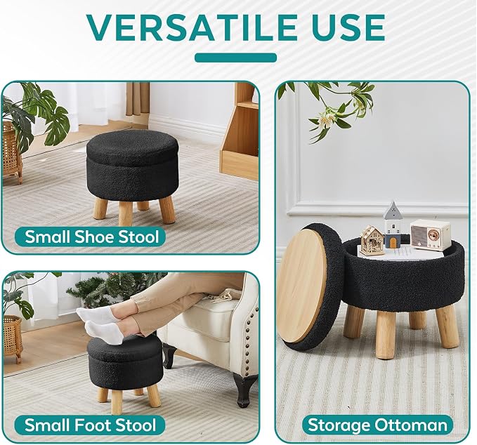 Small Foot Stool Ottoman with Storage, Sherpa Ottoman Foot Rest for Couch, Round Footstool with Storage, Small Ottomans and Footstools for Living Room and Entryway (Black)