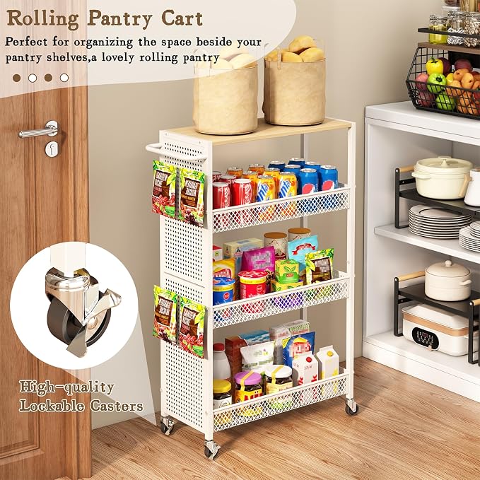 Utility Slim Storage Cart 4 Tier Small Rolling Kitchen Laundry Room Organization Cart with Wood Top Metal Narrow Laundry Room Shelves Cabinet Unit Laundry Organizer Trolley with Handle for Small space