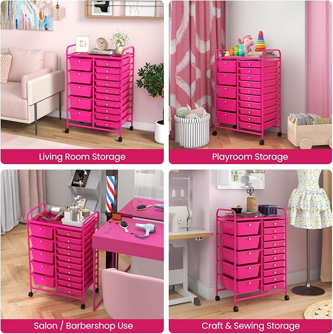 Giantex 15 Drawers Rolling Cart, Classroom Organizers, Storage Cart with Wheels, for Teacher Office Home School Supplies Tool Craft Art Paper
