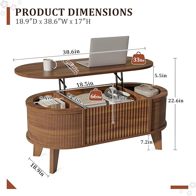 LYNCOHOME Fluted Lift Top Coffee Table with Storage,Modern Oval Coffee Table for Living Room or Home Office（Walnut）