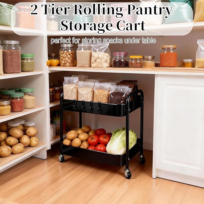 2 Tier Short Rolling Cart with Wheels for Under Desk Storage & Panrty Floor Organizer, Large Capacity Metal Kitchen Utility Cart, Sturdy Makeup Organizer for Small Space with 4 Hooks, Black