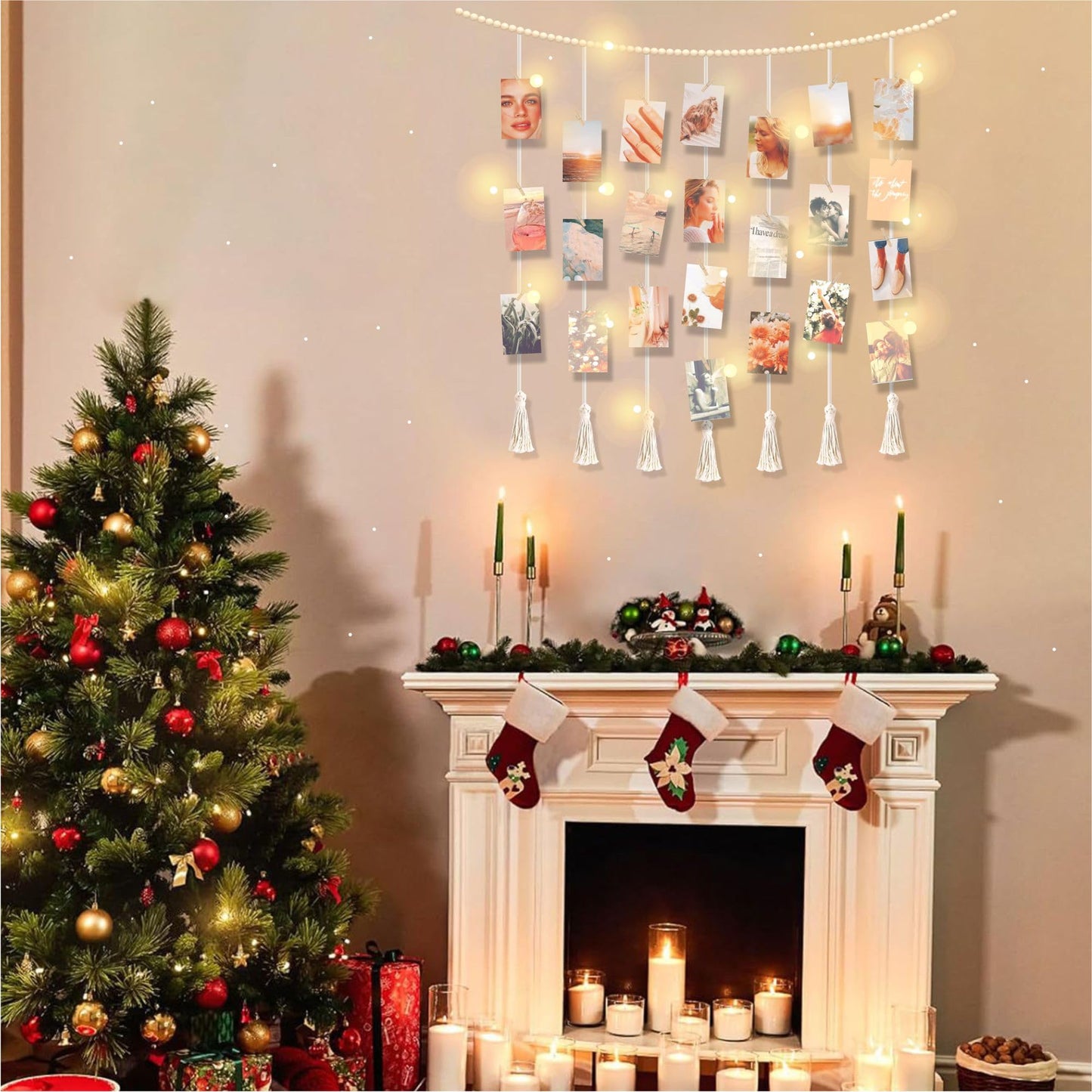 Hanging Photo Display with Clips Wall Boho Decor Beads Garland with Led Lights - Sculptural Picture Frames Collage - 30 Clothespins - 2 Non-Trace Hook - Photo Clip String Lights - 45 x 45 inch