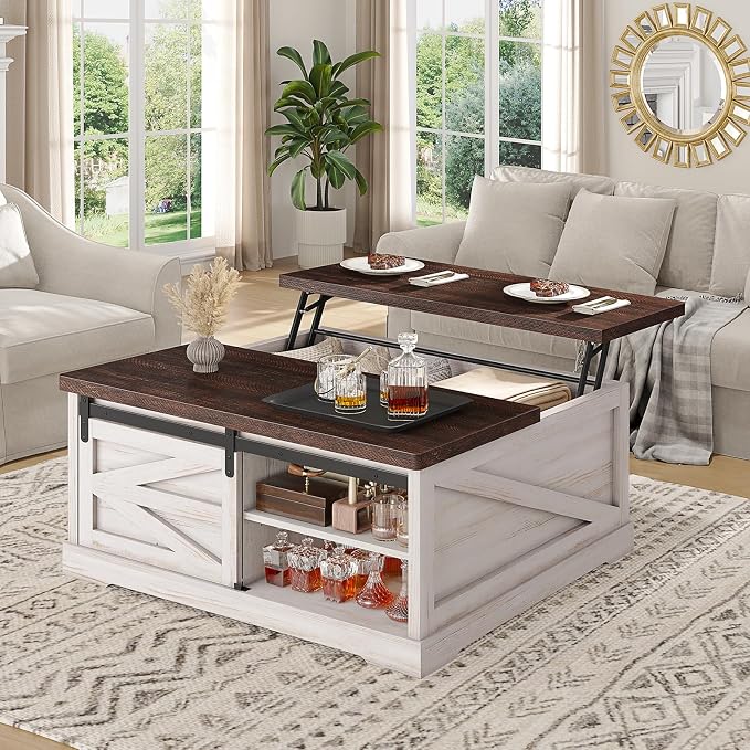 Itaar 39.4'' Lift Top Coffee Table with Storage, Farmhouse Coffee Tables for Living Room, Square Coffee Table with Large Hidden Compartment & 2 Drawers & Adjustable Shelves, Vintage White+Walnut