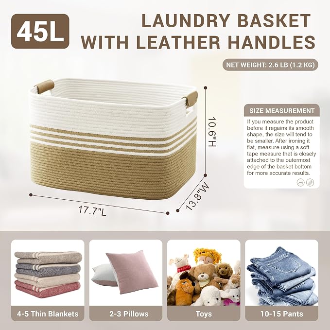 45L Small Laundry Basket with Leather Handles for Living Room Storage, Woven Rope Baskets Bin for Blanket, Kids Toy, Gifts, Wicker Hamper for Bedroom Dirty Clothes, 18"x14"x11" Khaki