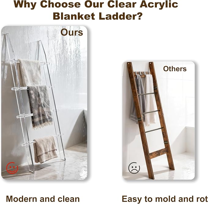MESAILUP Blanket Ladder 5.6FT for Bathroom, 4 Tier Modern Decor Waterproof Blanket Holder for Living Room and Bedroom, Easy Assembly Clear Acrylic Ladder Shelf, Leaning Quilt Rack with Anti Slip Pads