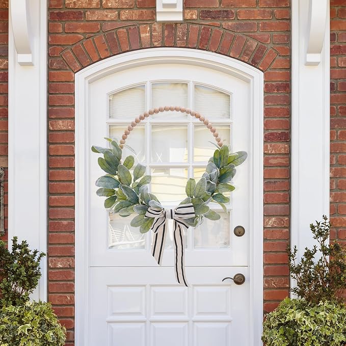 Wood Bead Lambs Ear Wreath - 13 Inch Artificial Greenery Leaf Wreaths Boho Wall Hanging Decoration for Spring Summer Modern Natural Home Farmhouse Porch Indoor Outdoor Wedding Decor
