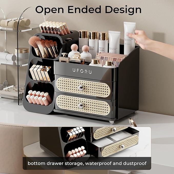 UFORU Makeup Organizer for Vanity with Brush Holder, Large Capacity Bathroom Countertop Skincare Organizer with 2 Drawers, Cosmetic Display Case for Perfumes, Eyeshadow Palettes, Nail Polishes