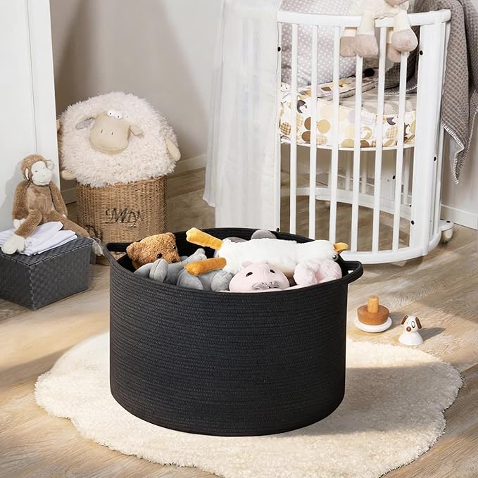 MEGASKET Large Black Blanket Basket, 22" X 22" X 14" Woven Rope Bin for Storage, Kids Dog Toy Storage Box Organizer Bins, Blanket Holder for Living Room, Decorative Wicker Basket for Organizing
