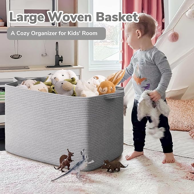 Goodpick 105L Extra Large Blanket Basket 25" x 16" x 16" Cotton Rope Storage Bins for Dirty Clothes, Rectangle Woven Laundry Basket for Living Room Bedroom, Toy Storage Baskets for Kids, Gray