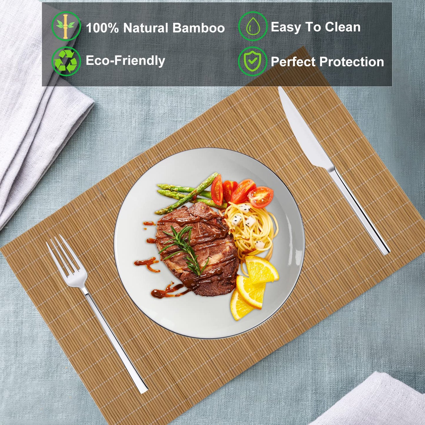 ANDSTAR Set of 8 Pcs Bamboo Placemats Sushi Rolling Mat Japanese Style Natural Anti-Slip, Washable Heat-Resistant Table Mats for Dining Room and Kitchen（Brown）