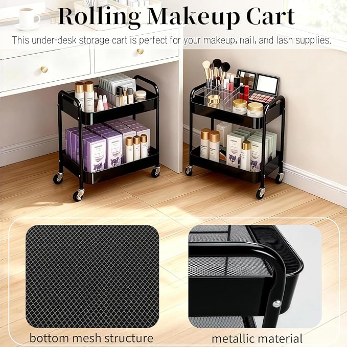 2 Tier Short Rolling Cart with Wheels for Under Desk Storage & Panrty Floor Organizer, Large Capacity Metal Kitchen Utility Cart, Sturdy Makeup Organizer for Small Space with 4 Hooks, Black