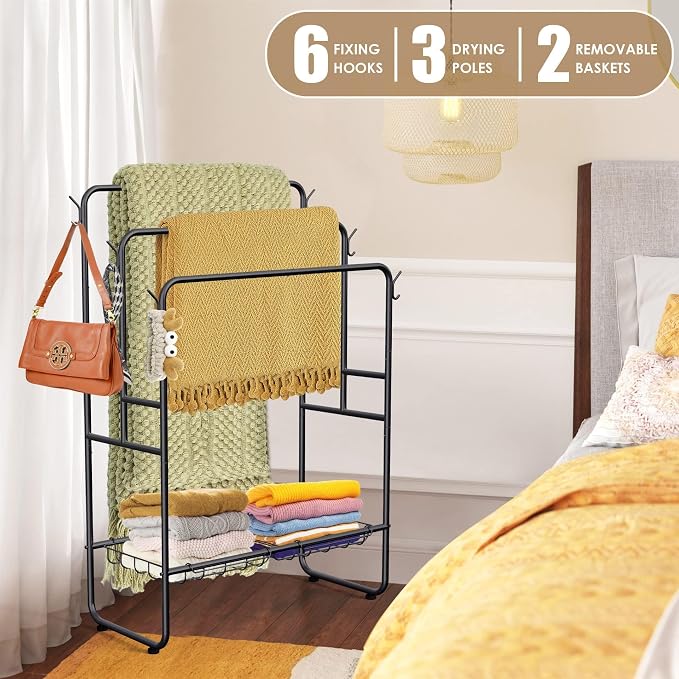 Kayfia 40" H Towel Rack Freestanding, 3-Tier Bath Towel Holder Stand with Storage Baskets & Hooks, Blanket Drying and Display Rack for Oversized Bath Towels, Metal Towel Rack Stand Indoor Outdoor