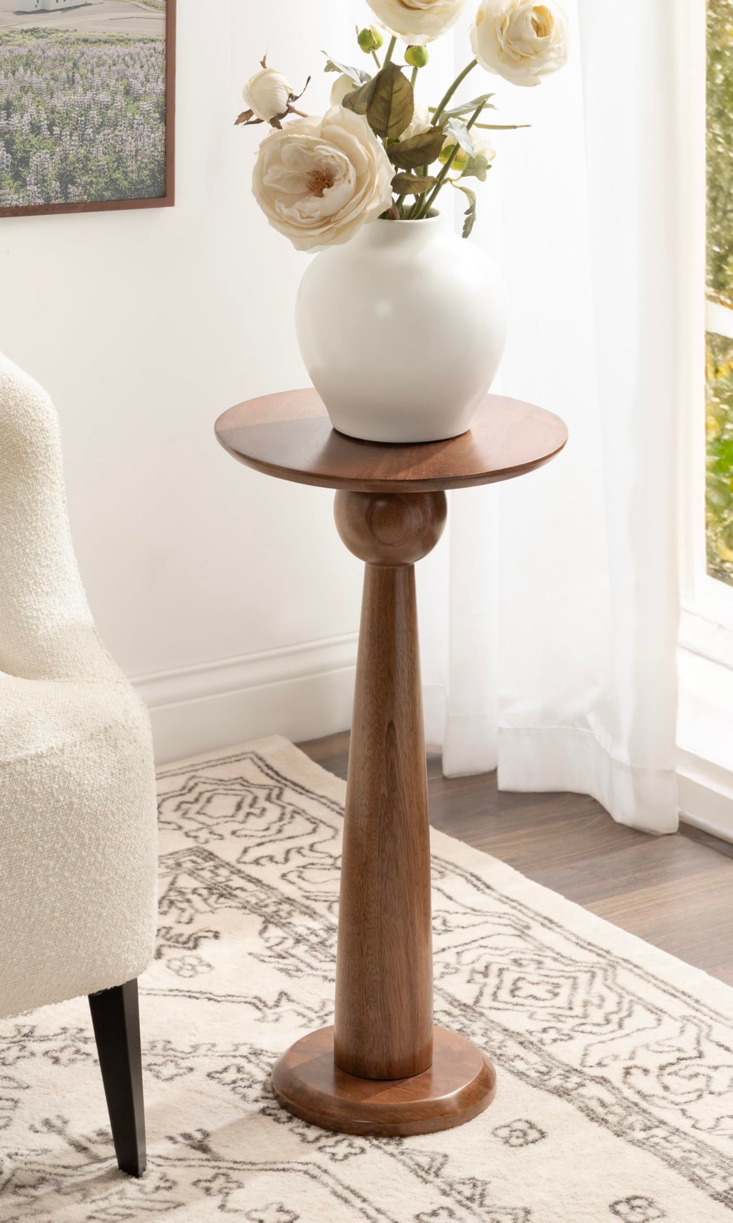 Kate and Laurel Jakob Modern Wooden Round Side Table; 12 x 24; Walnut Brown; Circle Pedestal Table for Use as Bedroom Nightstand; Indoor Plant Stand; or Decorative Living Room Table