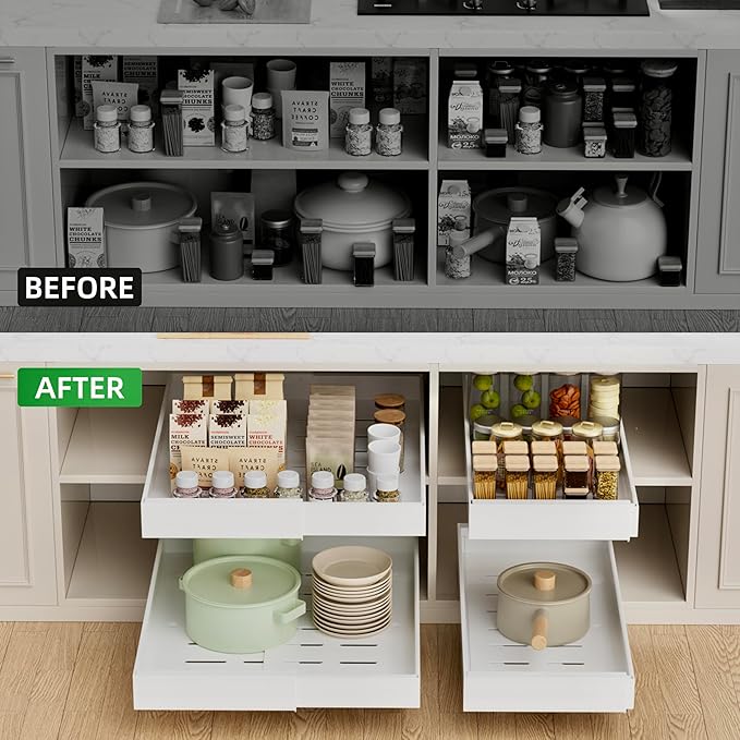 PAKETA 4 Pack Expandable Pull Out Cabinet Organizer, 21'' Deep Pull Out Drawers for Cabinet, Upgrade 3 Slide Rails Sliding Drawers for Cabinets with Adhesive Nano Film (White, 21"D X 9-14"W)