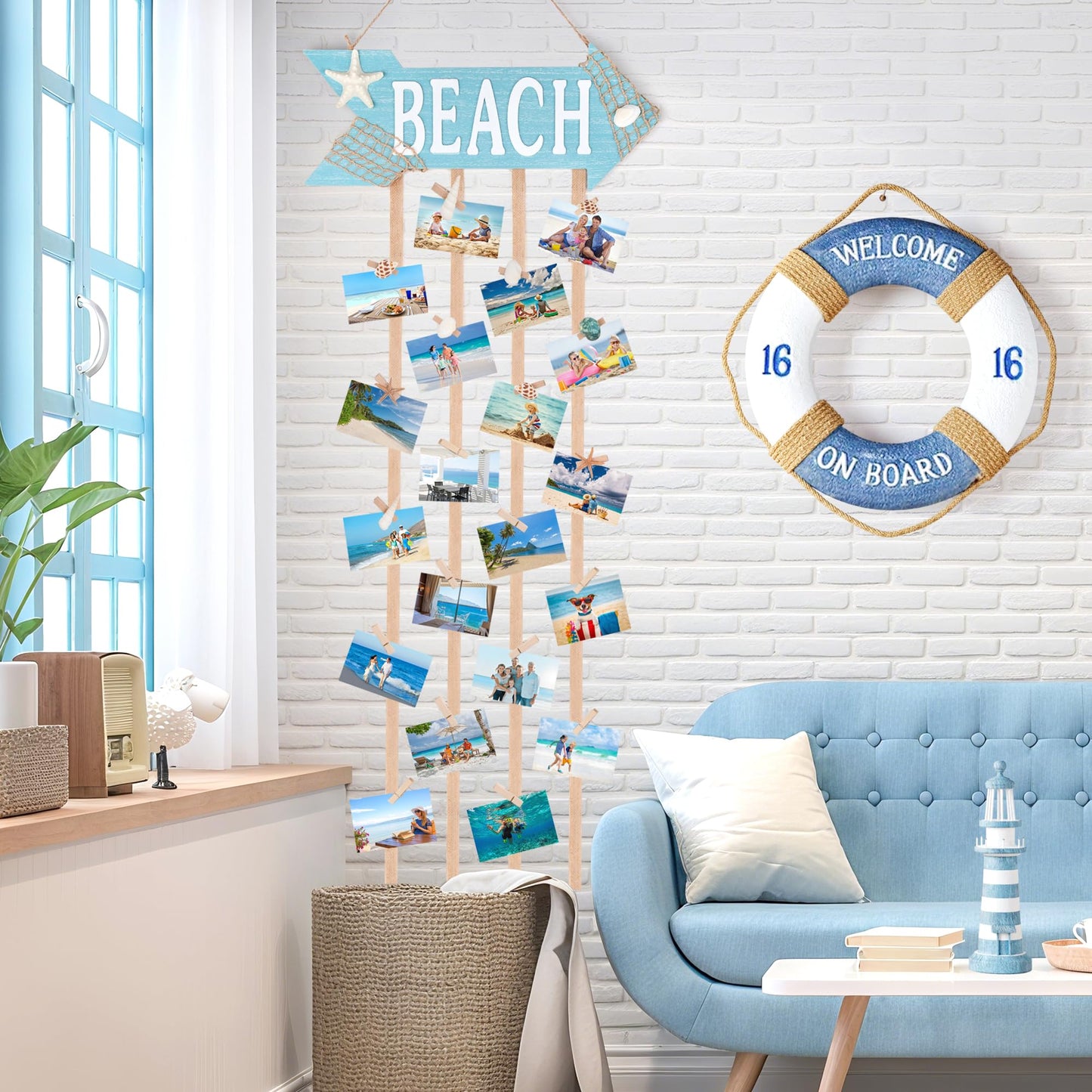 WeDoSoy Coastal Style Hanging Photo Display Holder with 30 Clips (10 Shell Clips), Wooden Frames Wall Picture Organizer for Beach Decor, Collage Display, Postcards, Holiday Cards & Home Decoration