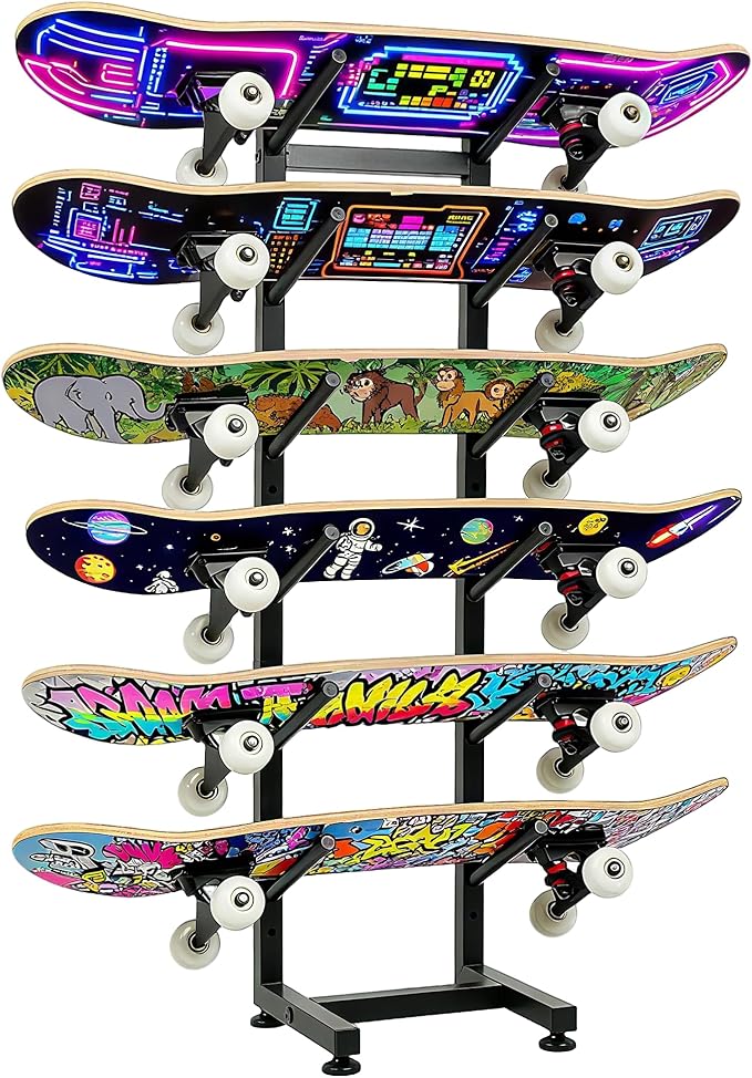BiJun Skateboard Racks Floor Stand, 6-Layer Skateboard Wall Mount,Snowboard Storage Rack, Skateboard Organizer Floor Stand for Deck, Longboard, Snowboard, Standard Skateboards, Mini Cruiser Skateboard