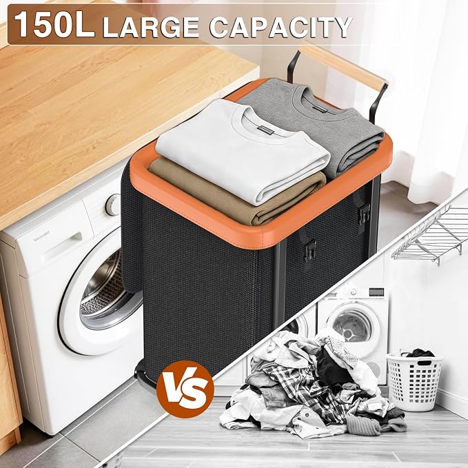40 Gal (150L) Laundry Hamper with Lid, Leather Patchwork Laundry Basket with Rolling Lockable Wheels and Handle, Laundry Basket Organizer for Laundry Room, Bedroom and Bathroom,Laundry Room - Black