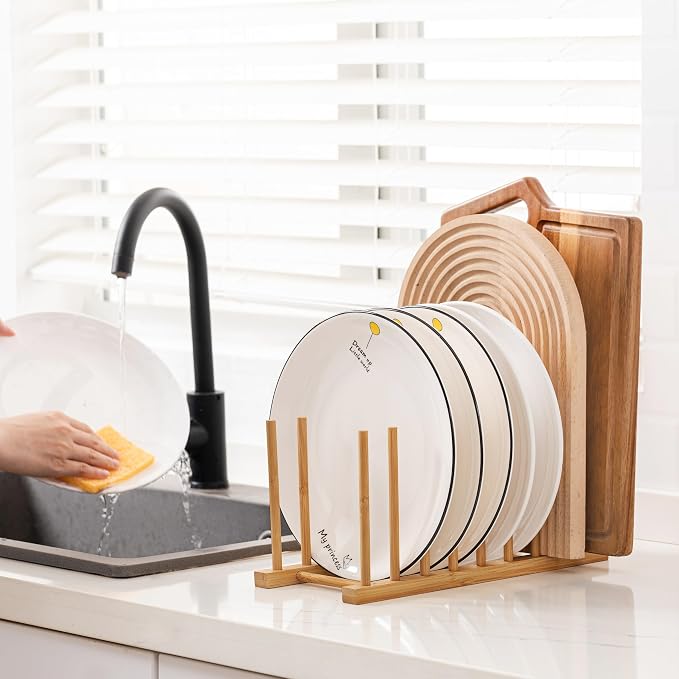 HBlife 2pcs Heighten and Widen Bamboo Dish Dying Rack Pot Lid Plate Organizer Holder for Cabinet, Cutting Board Stand Drainer Storage Plate Rack for Dish, Pot Lid, Bowl, Cup, Cutting Board and Books
