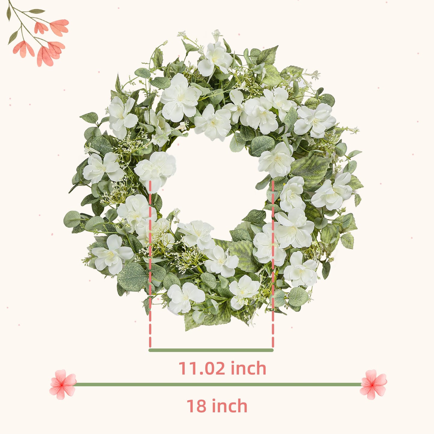 YNYLCHMX 18" Spring Summer Wreaths for Front Door, Artificial Floral Wreath with White Rose Flowers Green Eucalyptus Leaves, Green Foliage Wreath for Wall Window Farmhouse Party Holiday Home Decor
