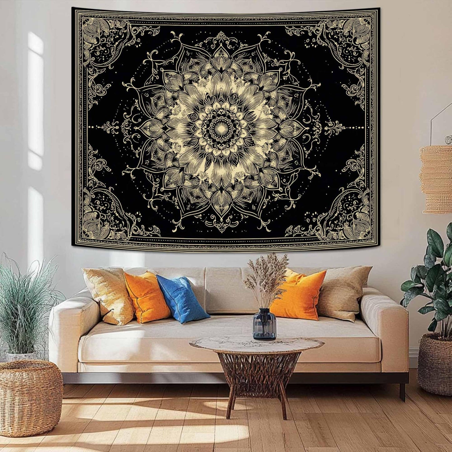 Wegklazax Golden Outline Mandala Tapestry, Intricate Floral Wall Art for Room Decor, Elegant Black and Gold Aesthetic Home Decor 60" L x 44" W