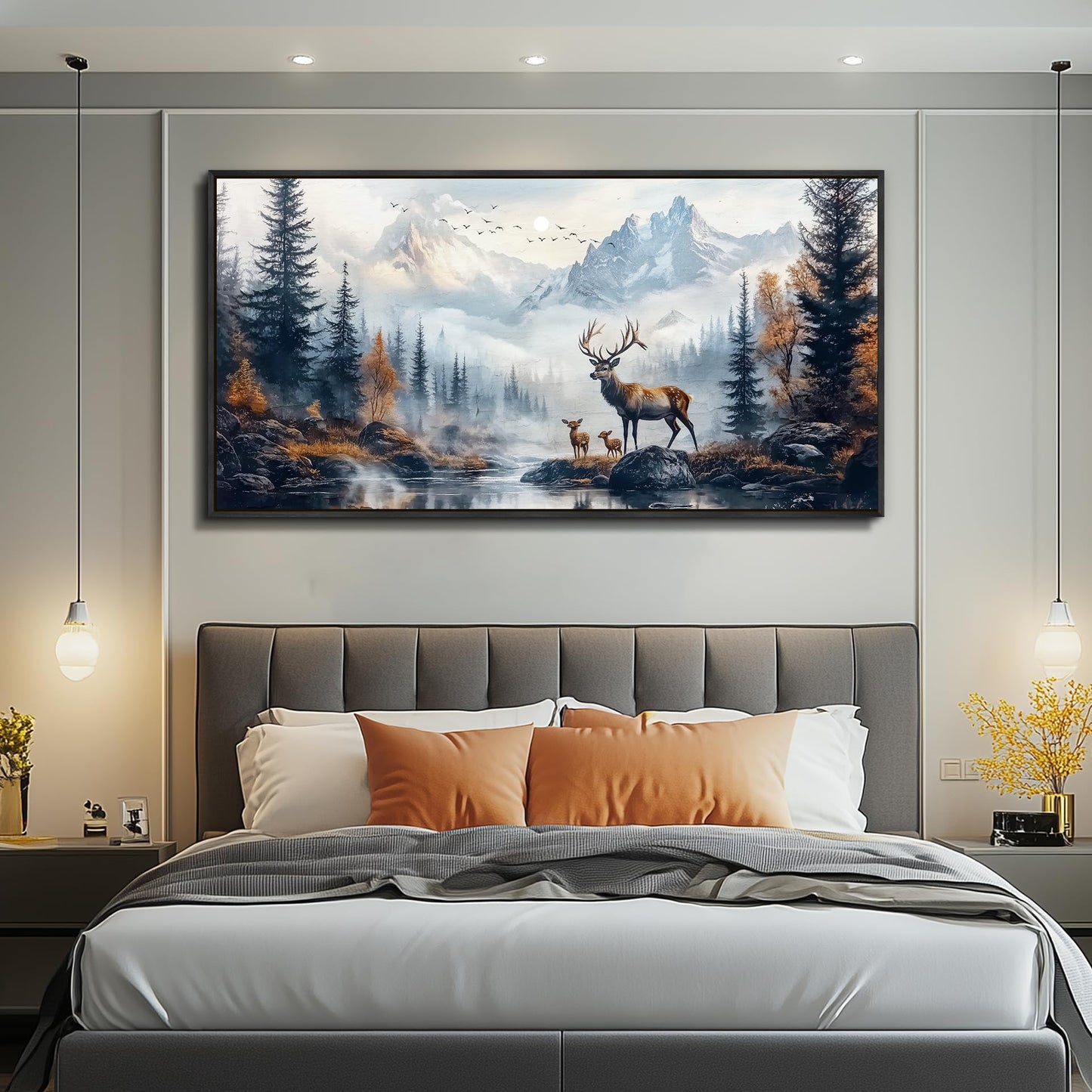KELIYUAN Canvas Wall Art For Living Room Black Framed Wall Decor For Bedroom Office Prints Pictures Elk Foggy Mountain Landscape Painting Scenery Stretched and Framed Wall Art Home decor 20"X40"