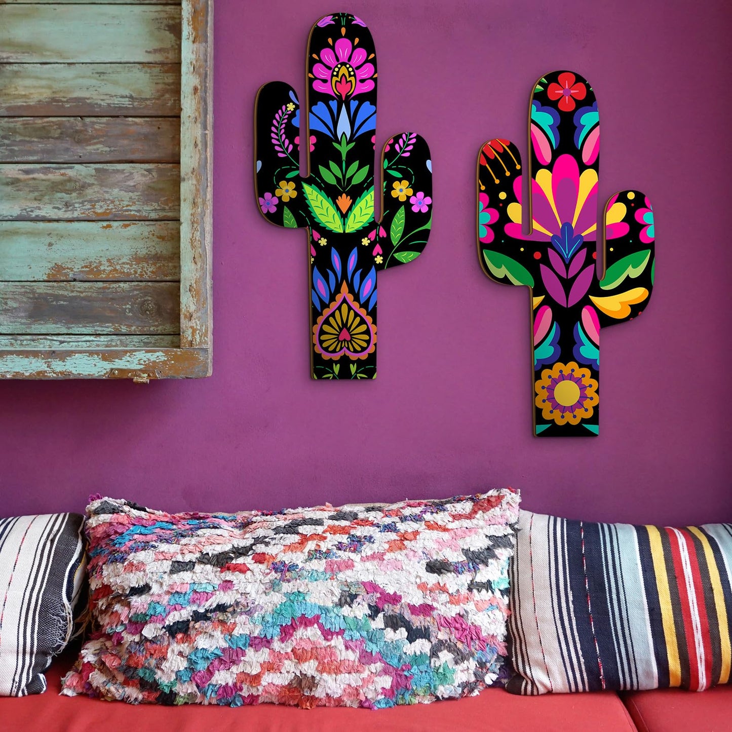 Yousoontic 2 Pcs Wood Cactus Wall Art Mexican Talavera Wall Decor 7.48 x 15.75 Inch Fiesta Party Decorations for Home Outdoor Living Room Bedroom