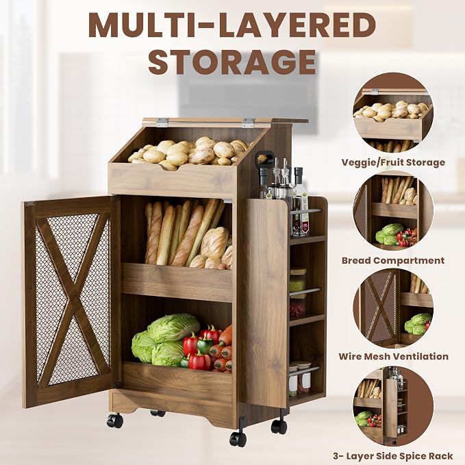 Potato and Onion Storage Bin, Movable Fruit and Vegetable Bin with Spice Rack, Wooden Large Bread Box, Farmhouse Potato Storage Cabinet for Kitchen, Pantry