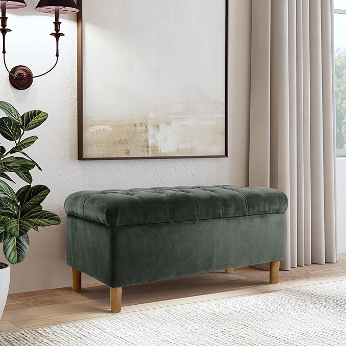 Homepop Home Decor | Tufted Ainsley Button Storage Ottoman Bench with Hinged Lid | Ottoman Bench with Storage for Living Room & Bedroom,Loden Green Velvet