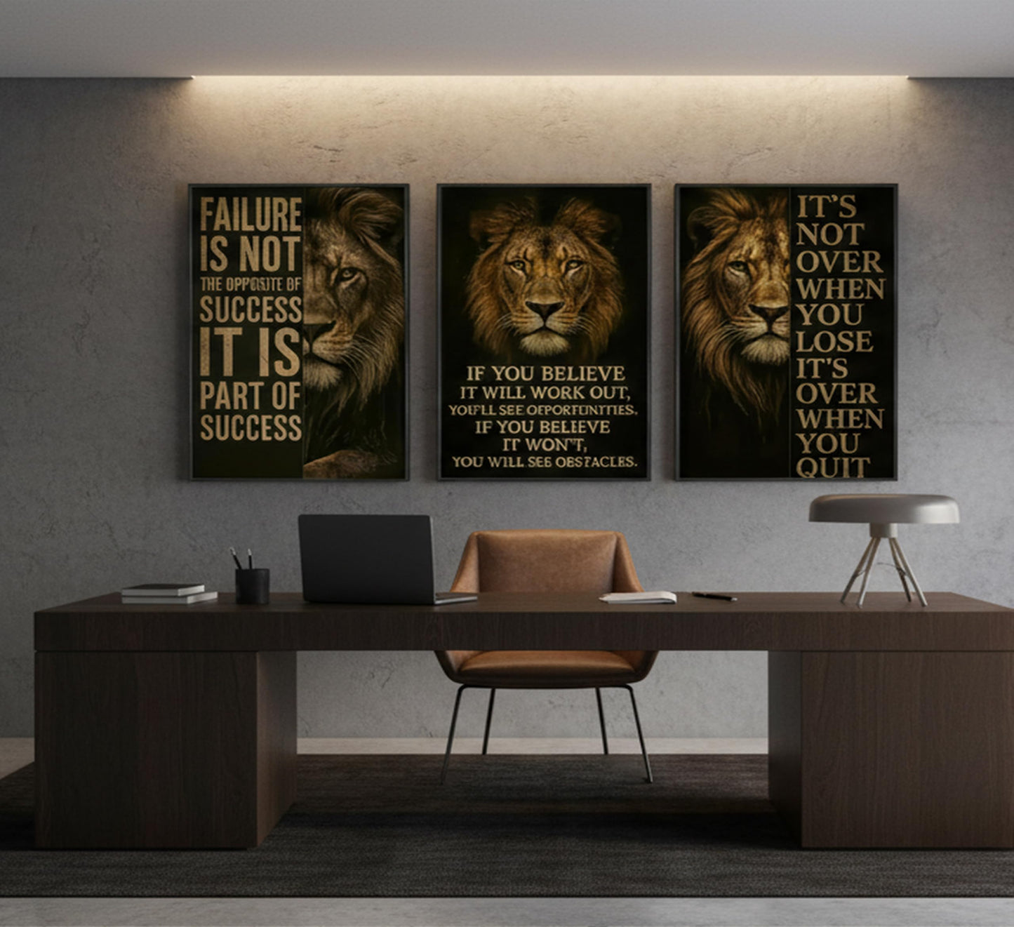 3Pcs Inspirational Lion Office Canvas Wall Art Inspiring Motivational Quotes Animal Painting Picture Wall Decor Poster Print Artwork for Bedroom Man Cave Study Home Decoration