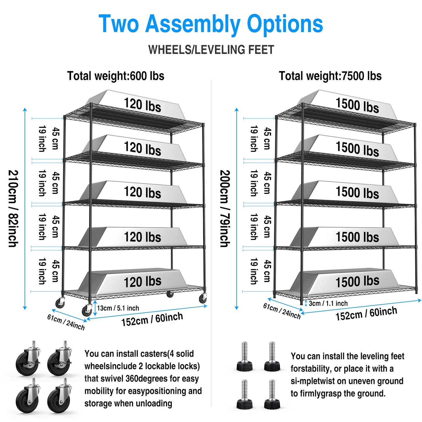 5 Tier 7500lbs Capacity NSF Metal Shelf Wire Shelving Unit, Heavy Duty Adjustable Storage Rack with Wheels & Shelf Liners for Commercial Grade Utility Steel Storage Rack, Black - 82"H x 60"L x 24"D