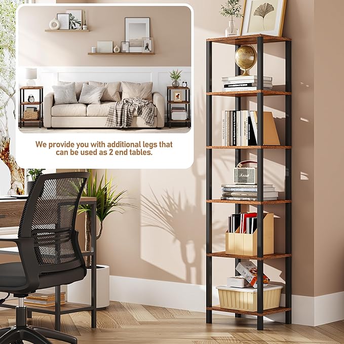 TUTOTAK Bookshelf, 6-Tier Tall Book Shelf, Narrow Bookcase for Small Space, DIY Stackable Bookshelf, for Living Room, Office, Study, Entryway, Industrial, Rustic Brown BS01BB006