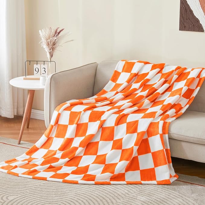 BEDELITE Checkered Twin Blanket for Couch Bed, Soft & Cozy Fleece Flannel Blanket with Checkerboard Grid Home Decor, Checkered Orange Tennessee Blanket, 60x80 Inches