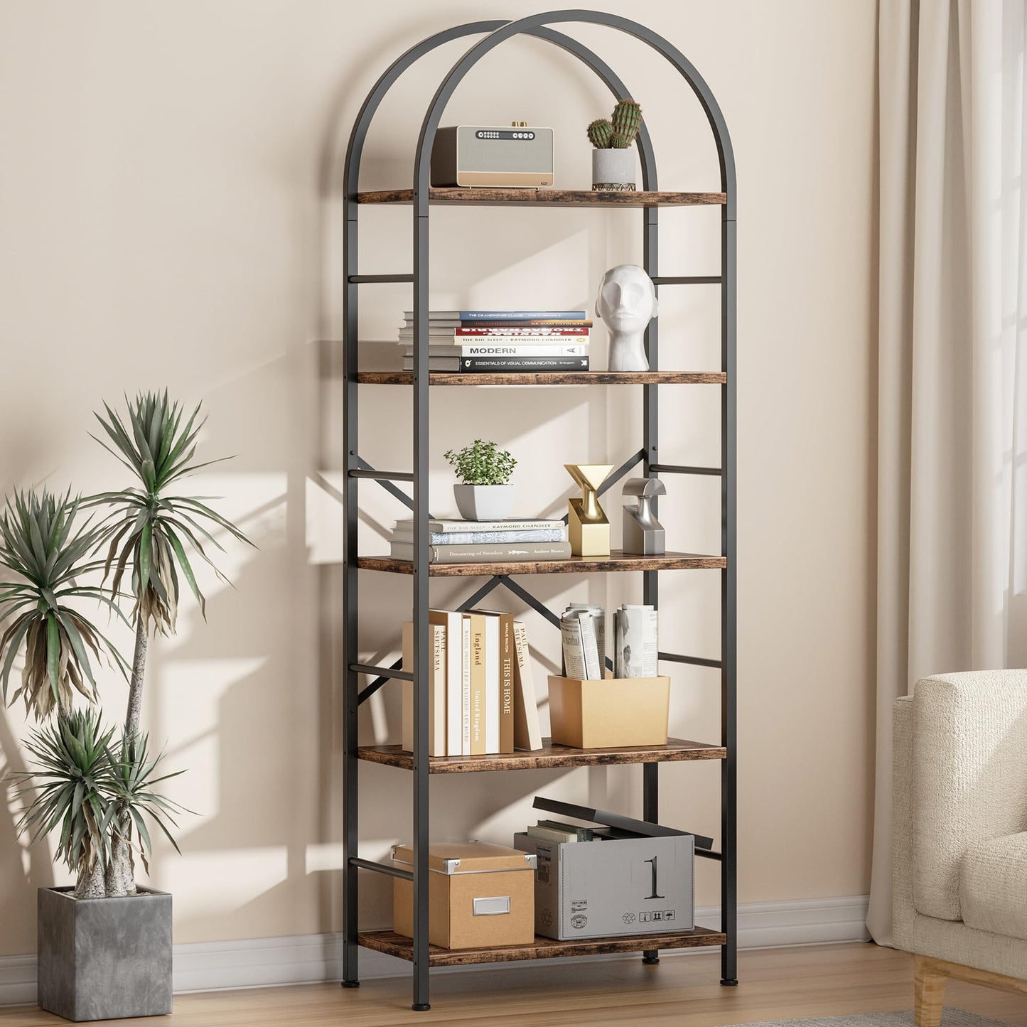 Shintenchi Bookshelf, Arched Bookshelf 5 Tier Bookcase, Tall Shelf for CDs/Books, Home Office Shelf Storage Organizer, Modern Book Shelf for Bedroom/Living Room, Rustic Brown