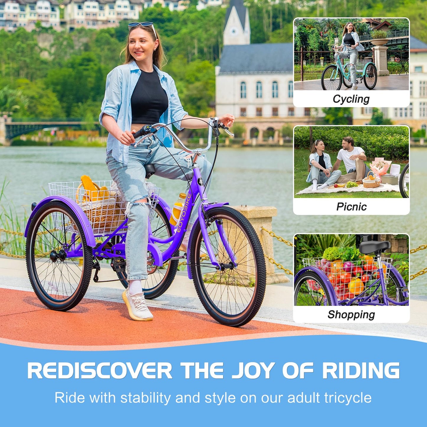 EOYOBIKE Adult Tricycle 3-Wheel Cruiser Bike, Low Step-Through, Heavy-Duty Comfort Trike with Adjustable Handlebar & Spring Saddle, Large Rear Basket, for Seniors & Adults (Amethyst Dusk, 24" Tire)