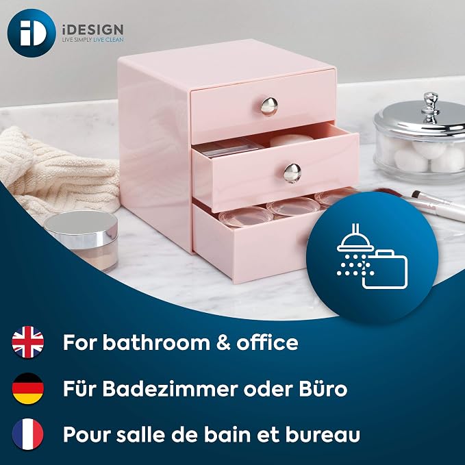iDesign Plastic 3-Drawer Jewelry Box, Compact Storage Organization Drawers Set for Cosmetics, Dental Supplies, Hair Care, Bathroom, Office, Dorm, Desk, Countertop, 6.5" x 6.5" x 6.5", Pink