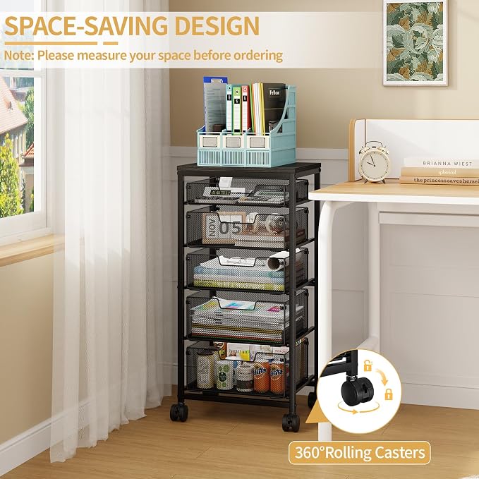 Sbanmao Utility Cart with 5 Drawers, Rolling Storage Cart with Wooden Tabletop and Lockable Wheels, Storage Drawer Cart with Drawers, Craft Cart for Bedroom, Classroom, Home, Office,Black
