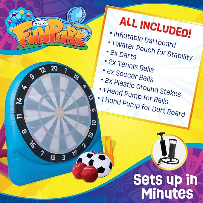 Flybar FunPark Giant Inflatable Dartboard Game for Kids – Outdoor Target Toy with Velcro Darts & Balls – Backyard Sports Set for Boys & Girls Ages 6+ – Inflatable Soccer Toss, Pump & Ground Stakes
