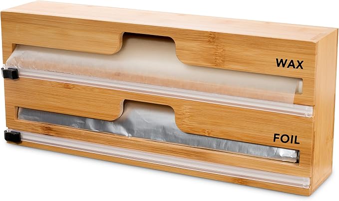 MELDEVO 2 in 1 Wrap Dispenser with Cutter and Labels, Plastic Wrap, Aluminum Foil and Wax Paper Dispenser for Kitchen Drawer, Bamboo Roll Organizer Holder, Compatible with 12" Roll