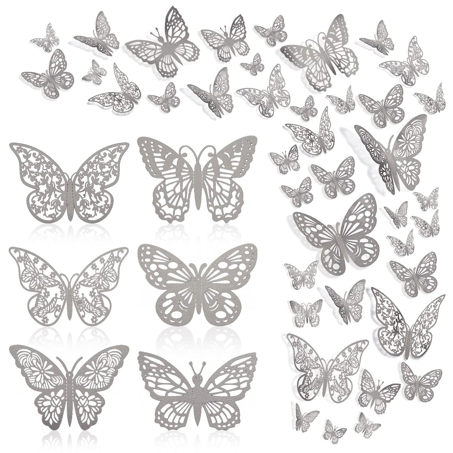 144 Pcs 3D Butterfly Wall Stickers Decor 6 Styles 3 Sizes, Silver Removable Butterfly Decals Room Wall Decor for Kids Nursery Classroom, Wedding, Party, Baby Shower