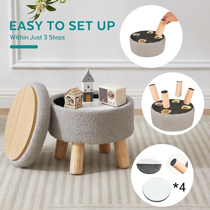 Small Foot Stool Ottoman with Storage, Sherpa Ottoman Foot Rest for Couch, Round Footstool with Storage, Small Ottomans and Footstools for Living Room and Entryway (Light Gray)