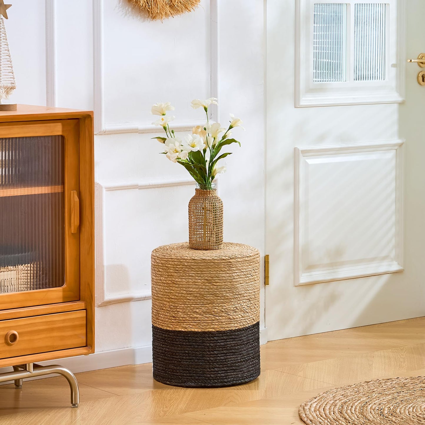 Wimarsbon Natural Seagrass Foot Stool, Hand Weaving Round Ottoman, for Living Room, Outdoor Seat (Natural & Black)