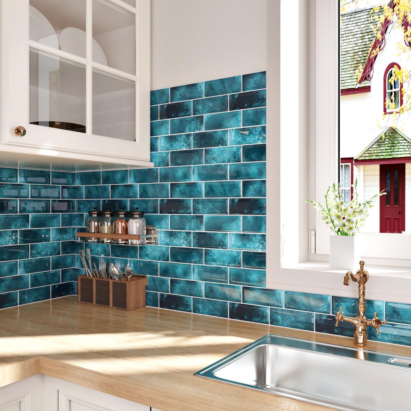 Wallercity Marble Blue Peel and Stick Backsplash Glossy Wall Tile Stickers Vinyl Self Adhesive Stick on Subway Tile Back Splash for Kitchen Bathroom 12''x12'' Waterproof 3D Art Wall Tiles Decor 10PCS